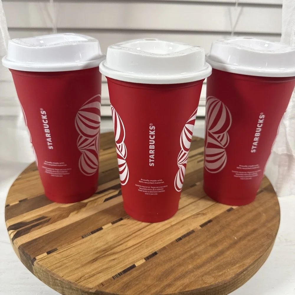 NEW 2013 Starbucks Reusable Red Holiday Hot  Cups Lids 16oz 25th Anniversary Cup